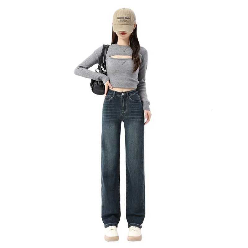 Women Baggy Pants Winter Fashion Korean Edition New Style Versatile High Waist Straight Leg Thicken Fleece Wide Leg Soft JeansT251208