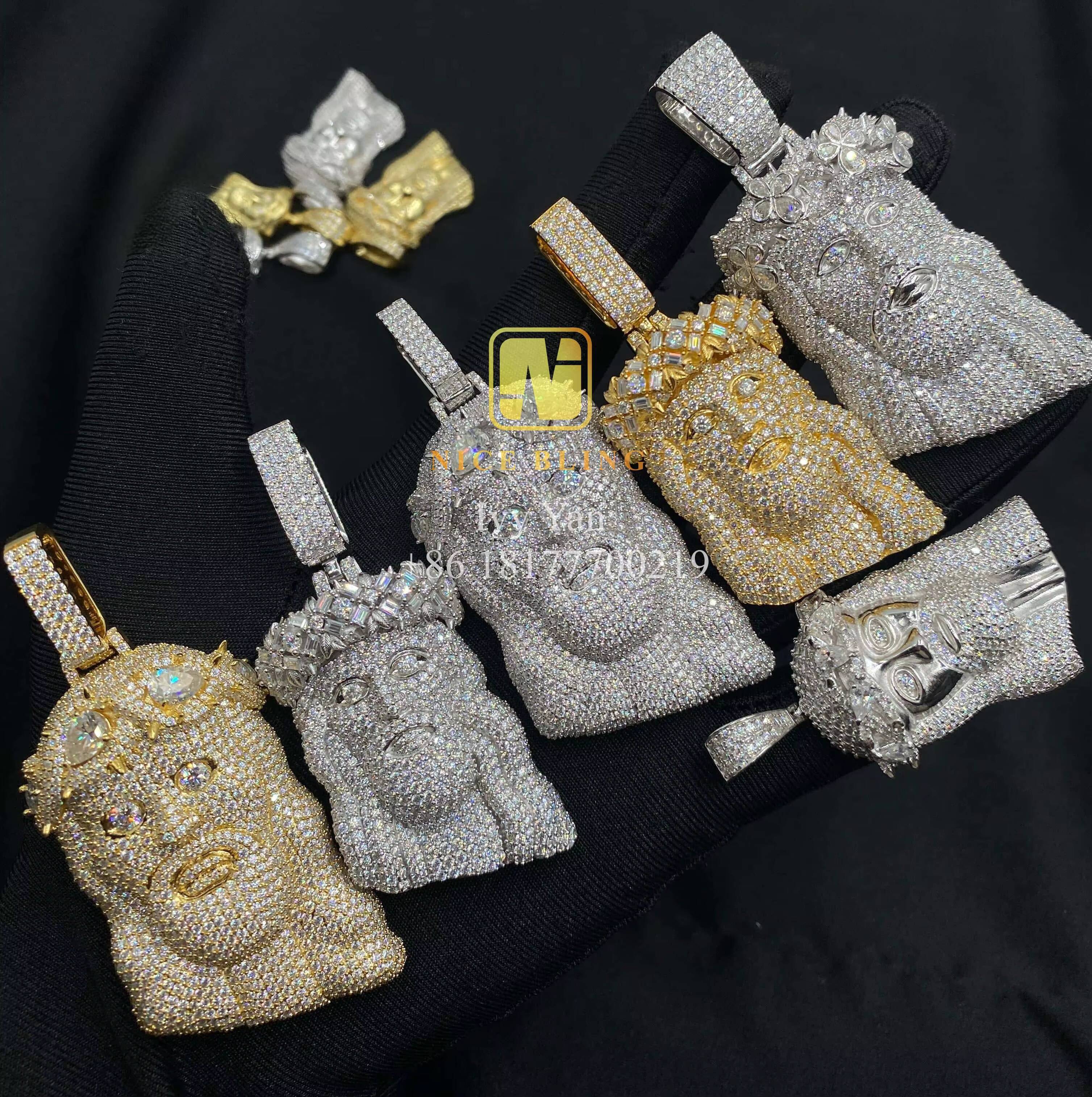 Rhodium Gold Plated Custom Iced Out Hip Hop Men Jewelry Pendant 925 Silver Ronud Cut VVS Moissanite Full Diamond Jesus Pendant