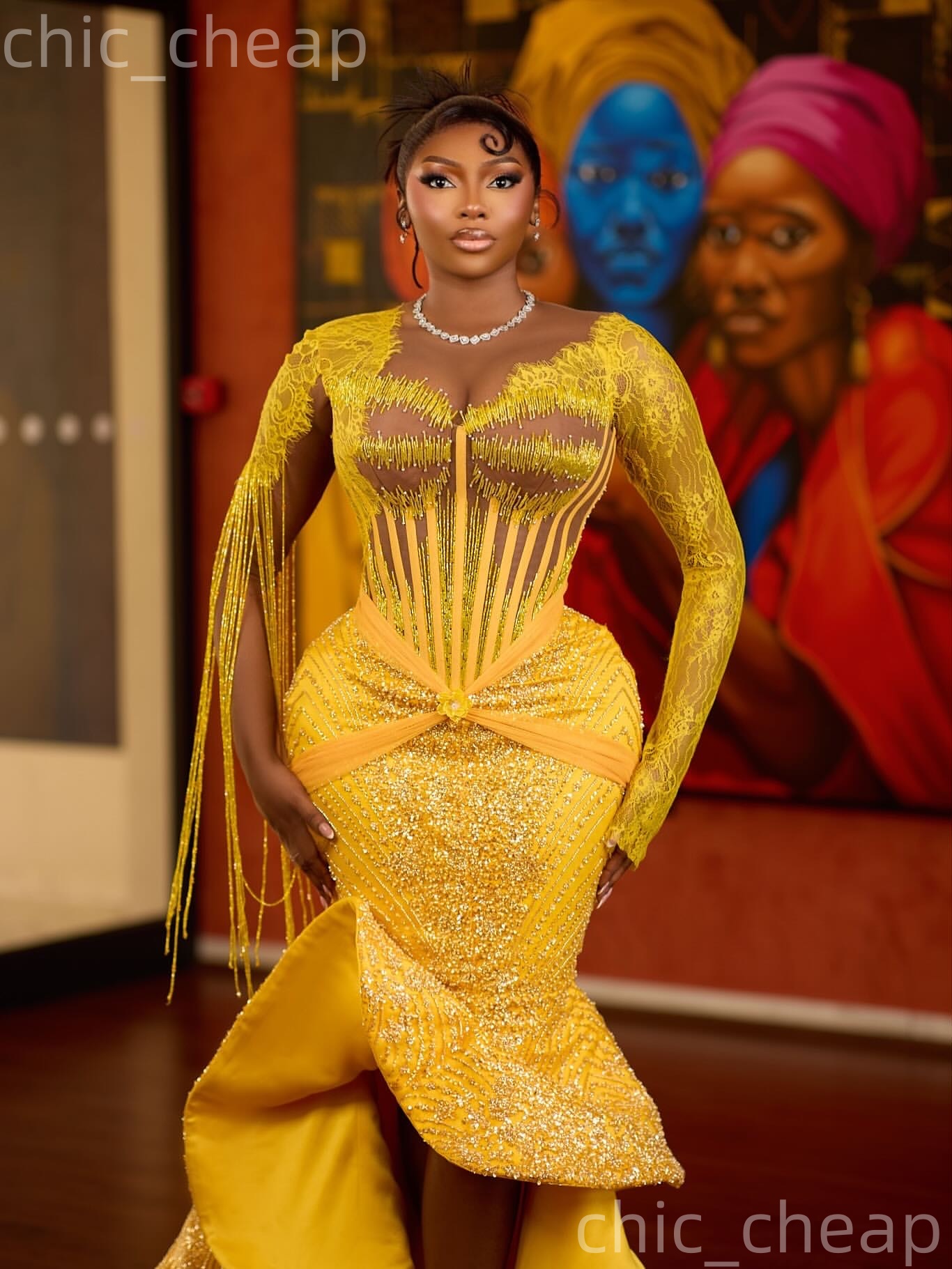Aso Ebi Yellow Mermaid Prom Dresses 2026 Lace Beadings Full Sleeves Evening Formal Party Second Birthday Engagement Gowns Plus Size Dress For Special 