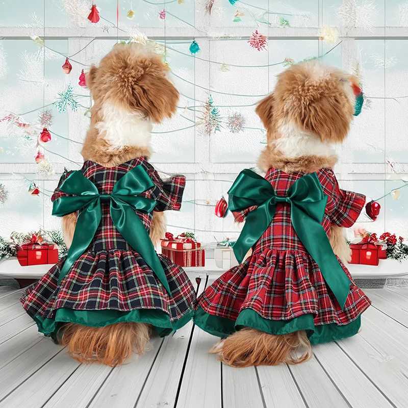 Small/Medium Christmas Plaid Dog Dress with Big Bow Warm Velvet S-XL Holiday Pet Outfit for Dogs M251208