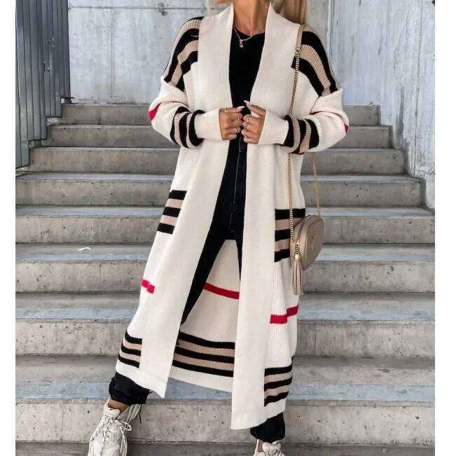 Spring Autumn Coats Casual Stripes Knitted Clothes Women Oversized Cardigan Long Sweater Coat