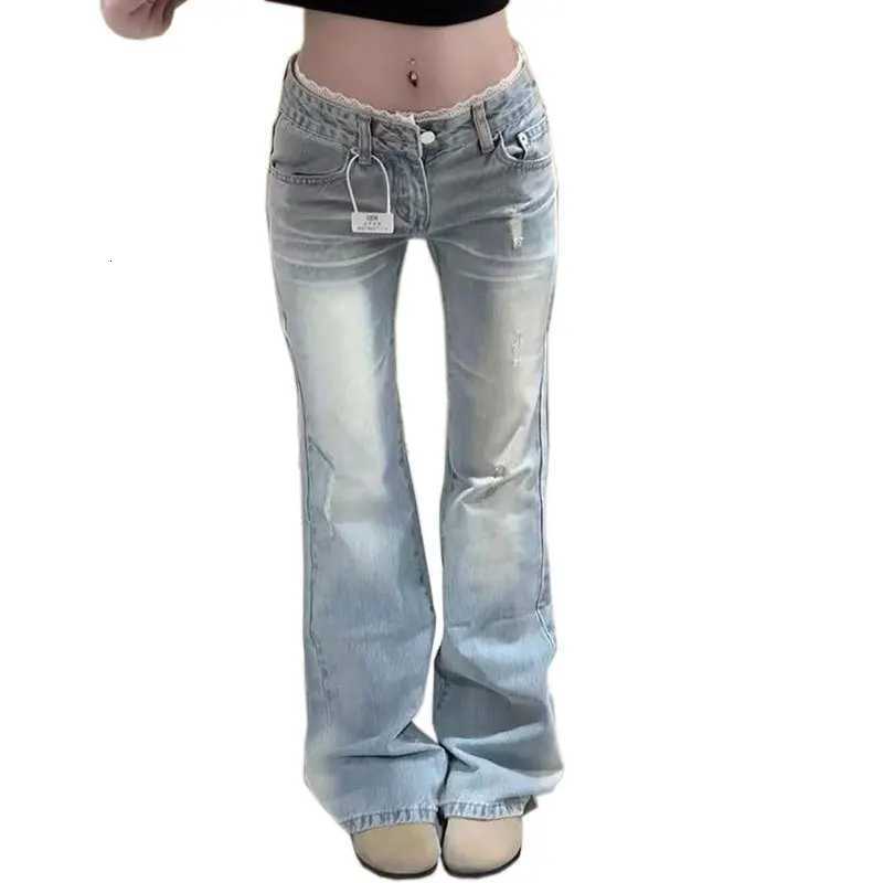 Light Wash Flared Jeans for Women Plus Size Lace Low Rise Floor Length Slim Fit Bell Bottom Pants Trendy Design for Curvy LadiesT251208