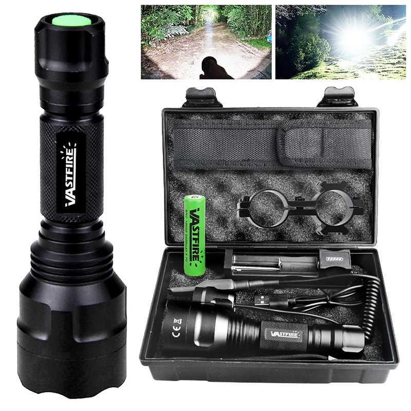 Tactical Hunting Flashlight White/Green/Red Light Torch LED Rifle LanternPressure SwitchRail Scope Mount18650USB ChargerT251208