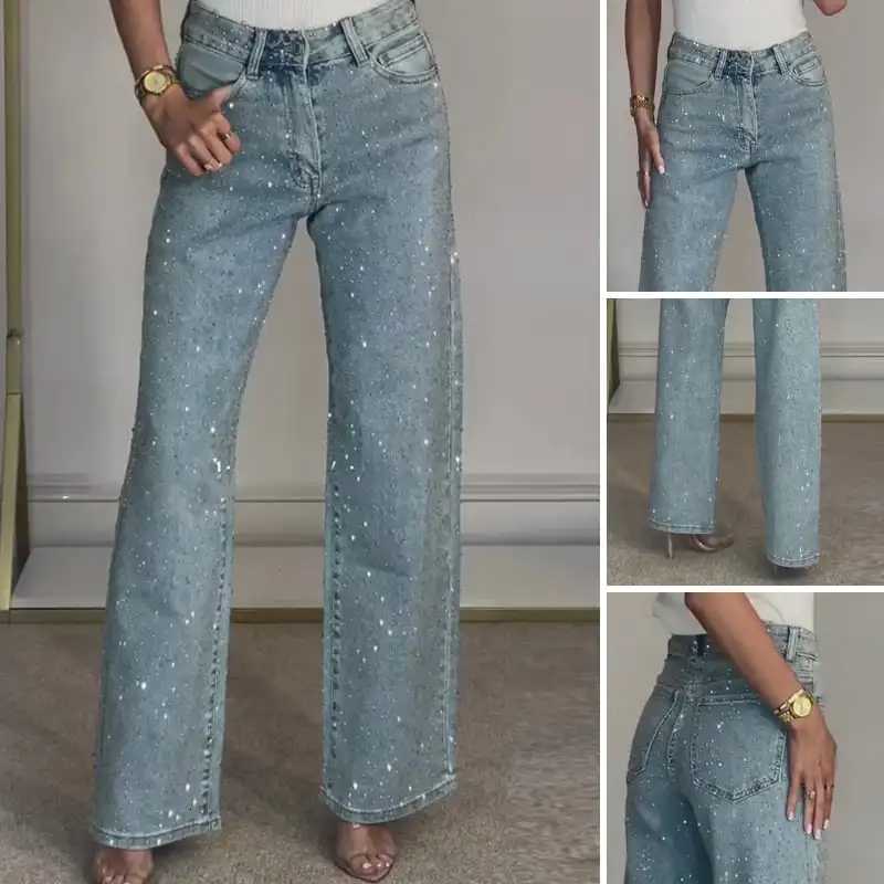 High Waist Rhinestone Jeans Women Straight Denim Pants Diamonds Vintage Ankle Length Loose Pockets Trousers Zipper TrousersT251208