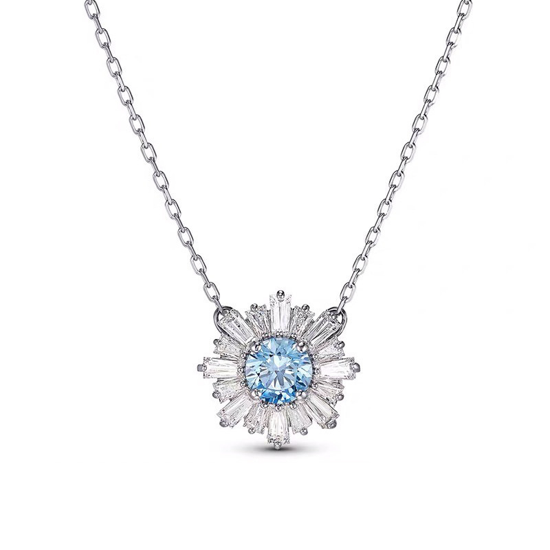 Exquisite New Blue Sunflower Necklace Charming Girl Crystal Daisy Collarbone Chain Perfect For Holiday Gift Jewelry Set