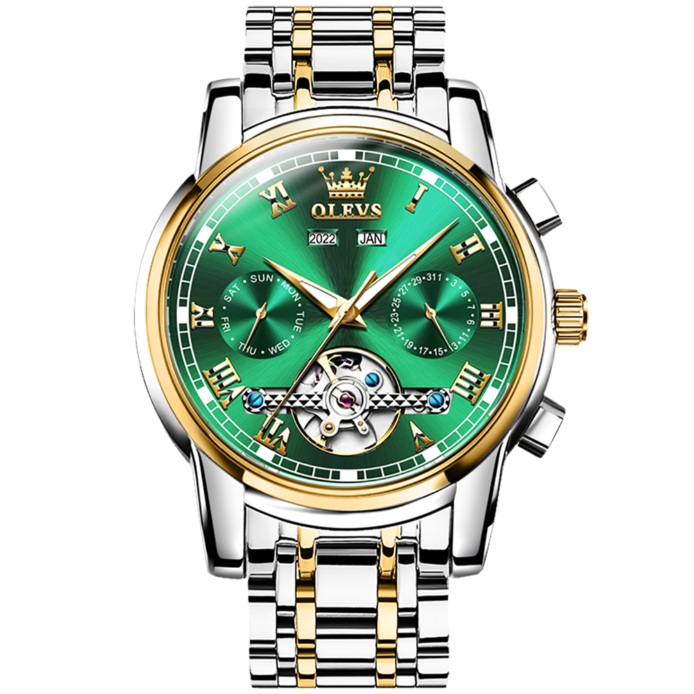 OLEVS Multi functional fully automatic mechanical watch with hollow out waterproof men's watch three eye calendar Men watch