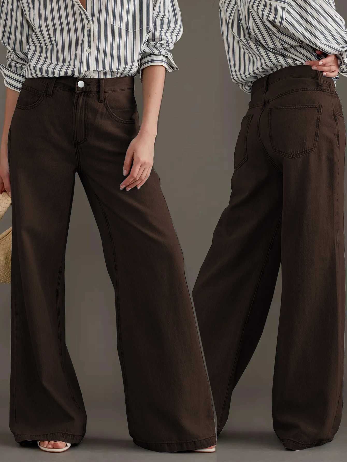 Womens new jeans washed vintage brown wide-leg jeans high waist cut elegant fashion style retro silhouetteT251208