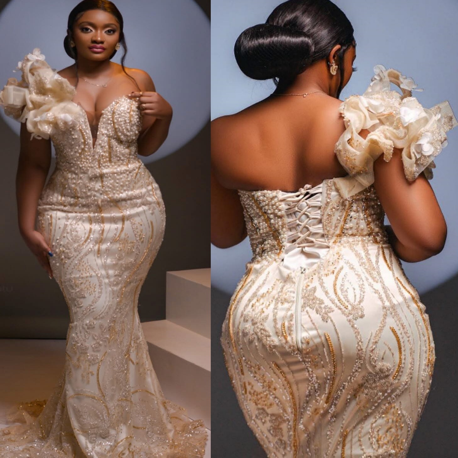 Aso Ebi Champagne Mermaid Prom Dresses 2026 Pearls Flowers One Shoulder Evening Formal Party Second Birthday Engagement Gowns Plus Size Dress For Spec