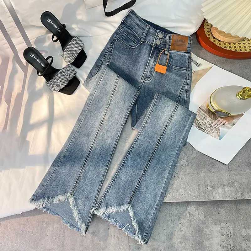 Women Autumn Y2K Slim Flared Denim Trouser Raw Edge Vintage Sexy Minimalist Pant Grunge High Waist Solid High Street Retro JeansT251208
