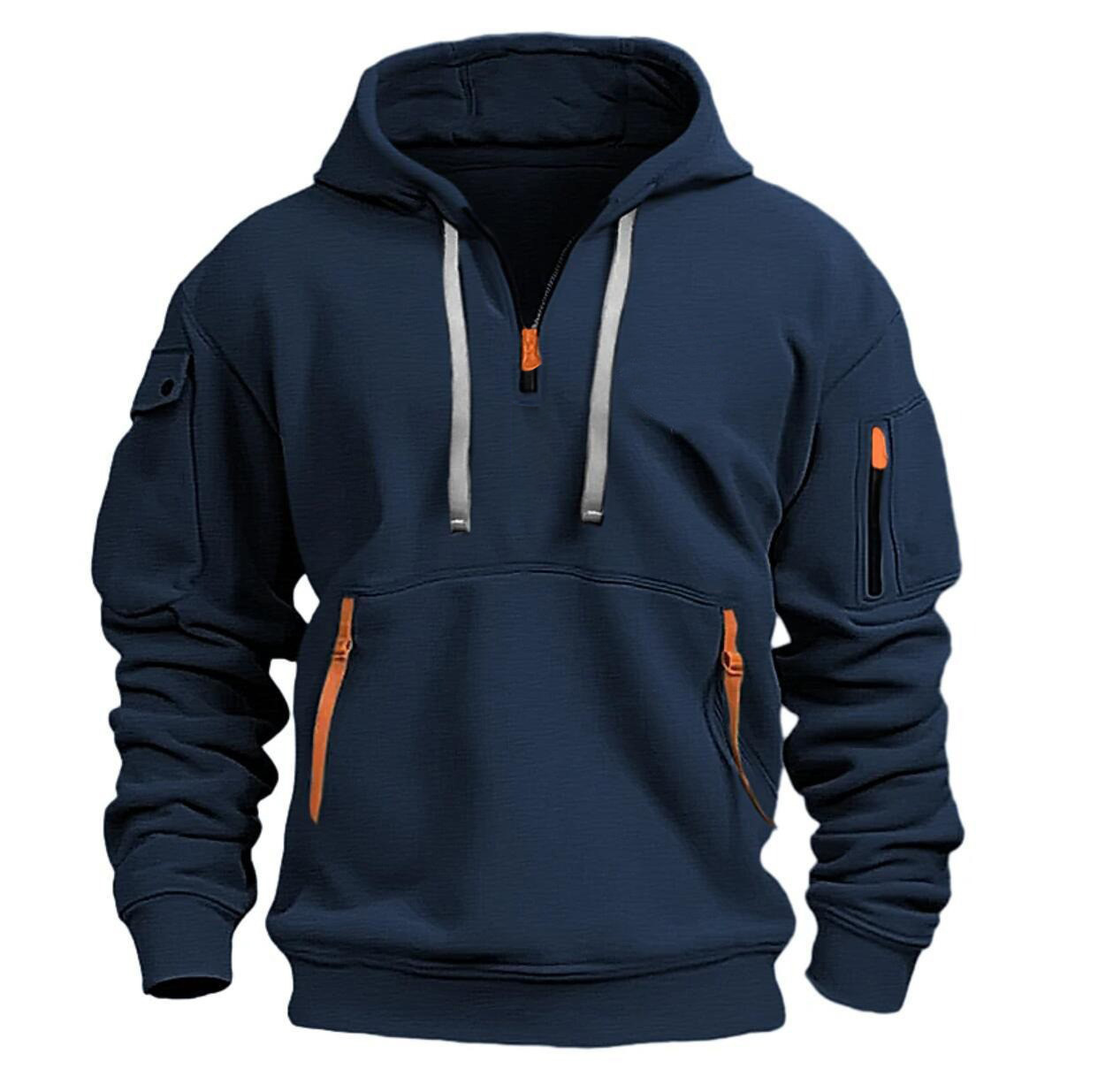 Men's Winter & Autumn Fleece-Lined Sports Casual Hoodie: Zippered Multi-Pocket Pullover, Loose Fit & Slimming Outerwear