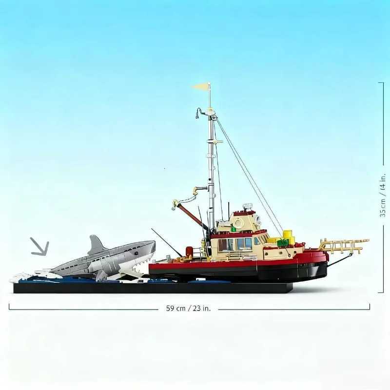 2025 NEW MOC 21350 Great White Shark Building Block Model Pirate Ship Fishing Boat 1497PCS Set Toys Christmas Birthday Gifts K251208