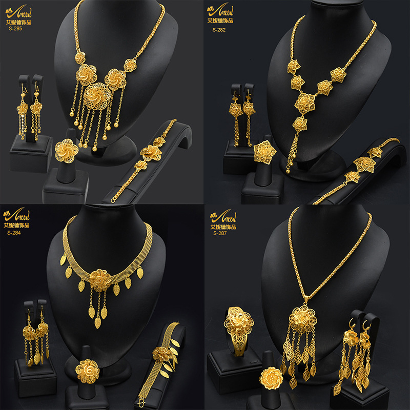 ANIID Dubai Gold Plated Jewelry Set For Women Flower With Tassel Big Nigerian Indian Bridal Necklaces Earrings Rings Sets 251114