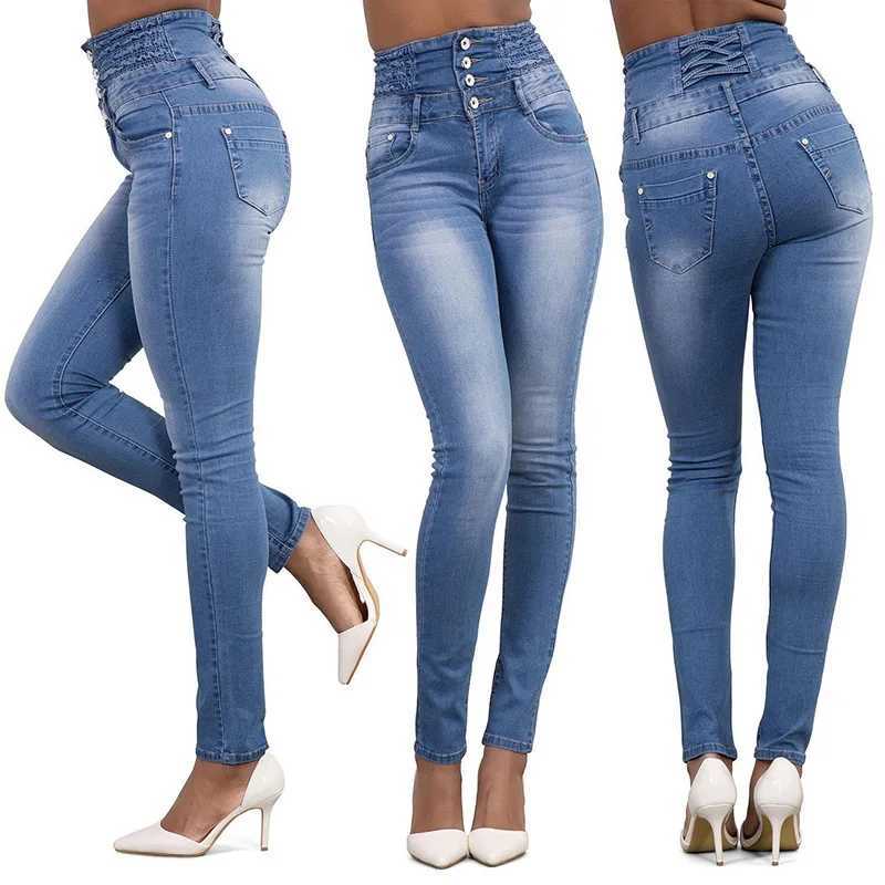 Women Narrow Straight Leg Slim Wrap Hips Jeans Lady Vintage Pencil Long Pants Casual Button Stretch High Waist Skinny TrousersT251208