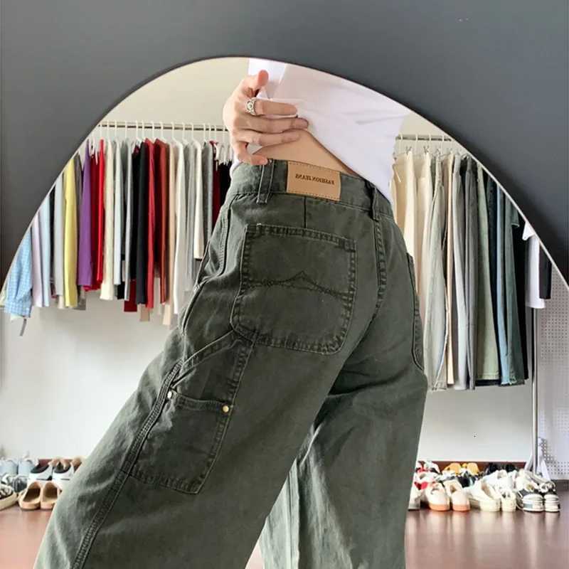 American Retro Army Green Cargo Jeans for Women 2025 Autumn Winter High Waist Slim Design Straight Wide Leg Floor Length PantsT251208