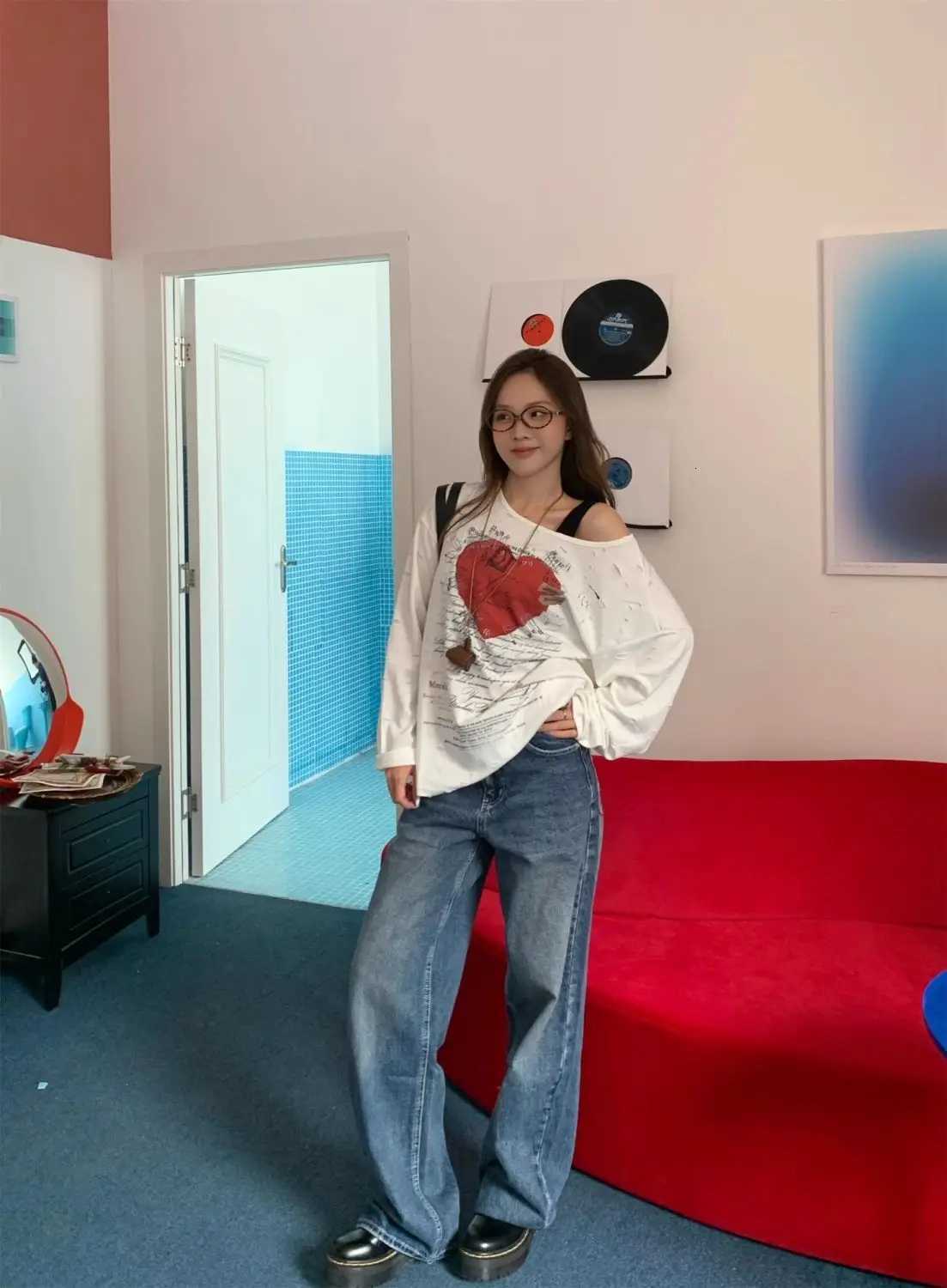 Y2K Embroidered Digital Star Jeans Women Colorful Patchwork Washed Light Blue Baggy Pants American Streetwear Wide Leg TrousersT251208