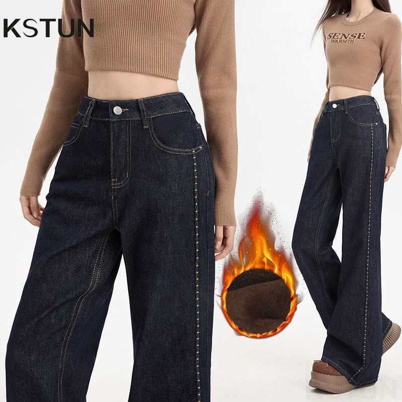 KSTUN Fleece Jeans For Women Winter Bell Bottom Trousers Warm Thicken Embroidered Stripes Design Mom Straight Leg Flared PantsT251208