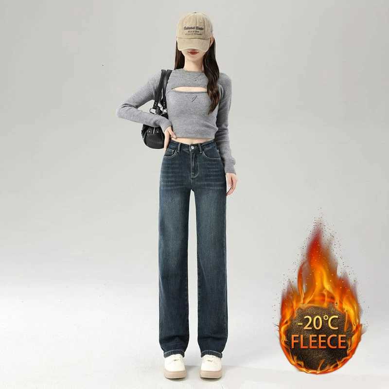 Women Baggy Pants Winter Fashion Korean Edition New Style Versatile High Waist Straight Leg Thicken Fleece Wide Leg Soft JeansT251208