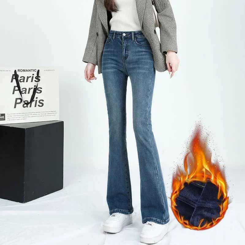 Winter Lady Snow Warm Plush Jeans Pants Female Skinny Thicken Flared Pants Girls High Waist Elastic Thermal Fleece TrousersT251208