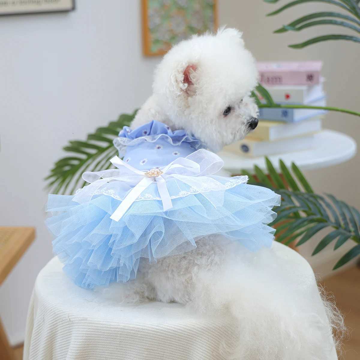 Waltz Mesh Dress Pet Clothes Dogs Cats Summer Hair Loss Prevention Blue Wedding Dress M251208