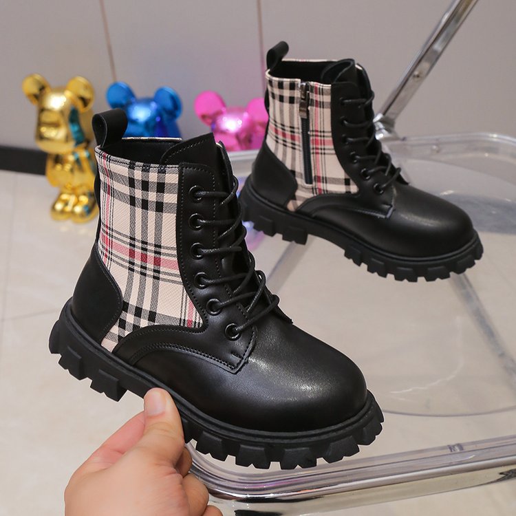 Designer shoes 2025 casual and fashionable childrens Martin boots new trend classic plaid leather boots