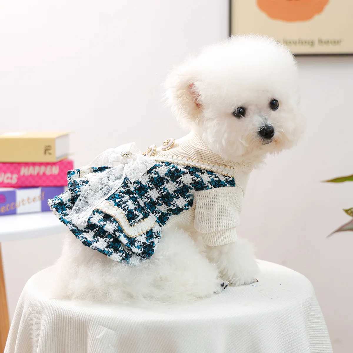 Autumn Winter New Pet Clothes Dog Cat Warm Comfortable Houndstooth Dress With Bowknot Princess Clothe For Small Dog M251208