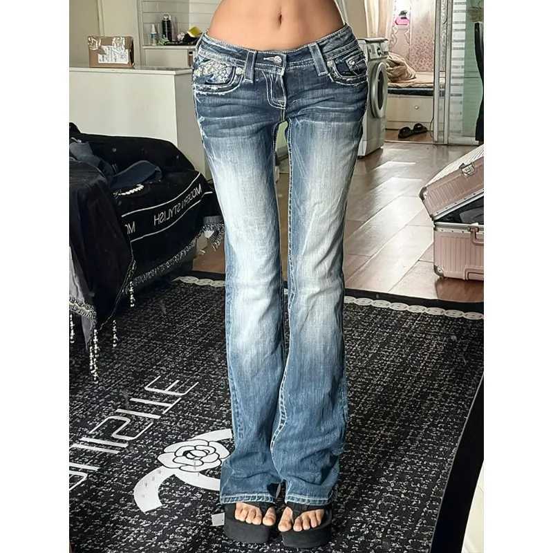 Women Slim Fit Personalized Cross Embroidered Jeans American Style Y2k Millennial Spicy Girl Low Waist Design Floor Length PantsT251208