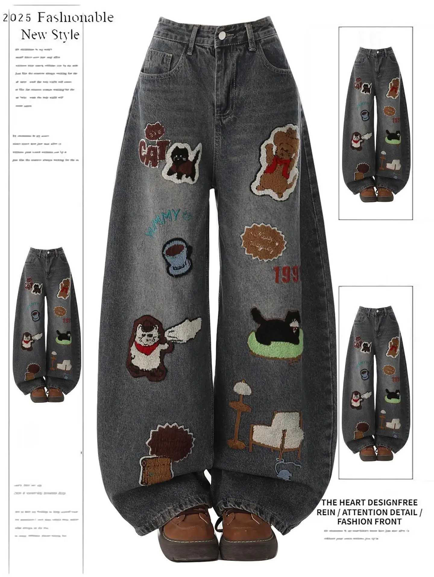 2025 Fashion Y2K Baggy Pants Womens Cartoon Embroidery Loose Wide Leg Jeans Streetwear Aesthetic Casual TrousersT251208