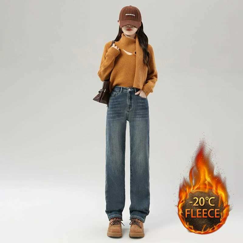 Women Baggy Pants Winter Fashion Korean Edition New Style Versatile High Waist Straight Leg Thicken Fleece Wide Leg Soft JeansT251208