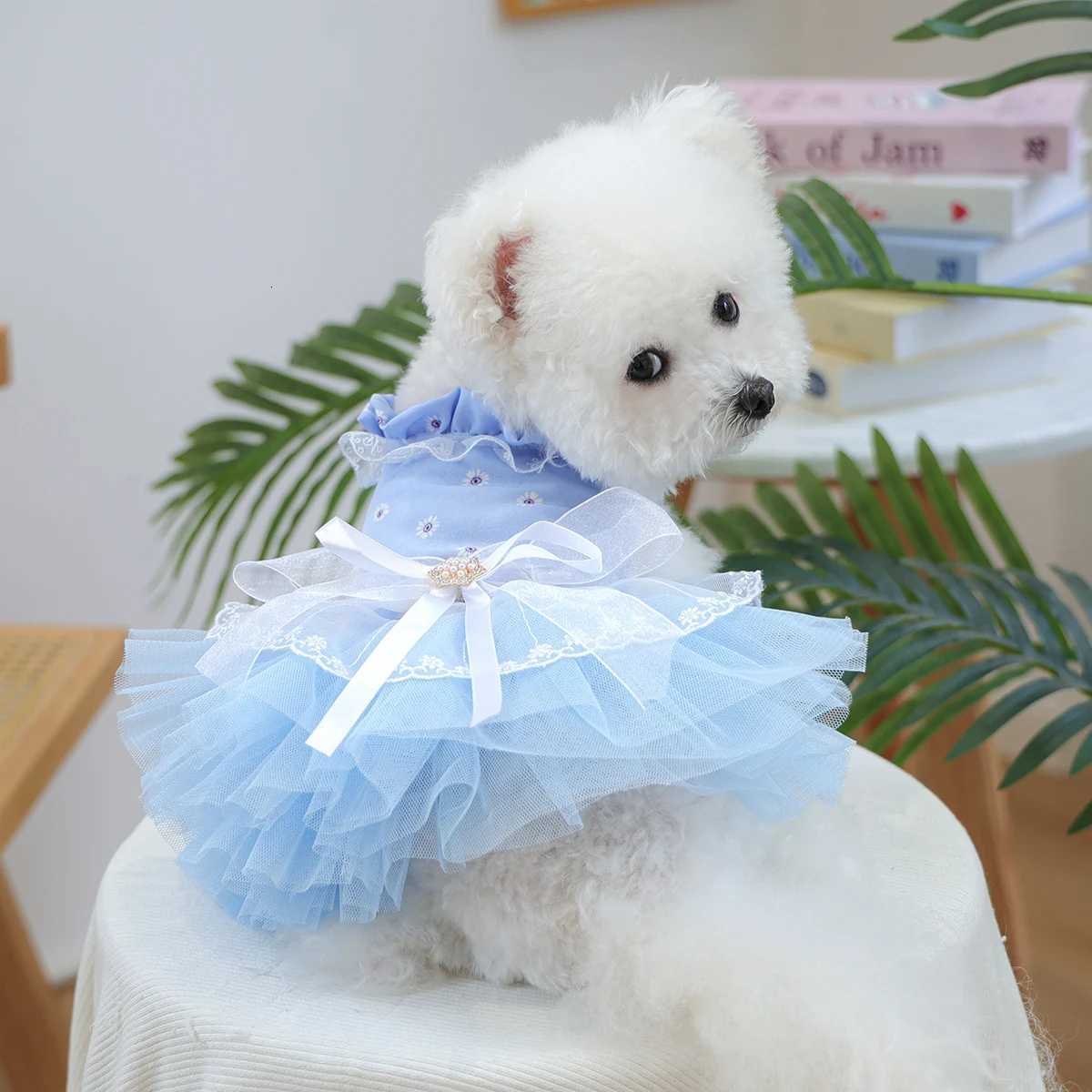 Waltz Mesh Dress Pet Clothes Dogs Cats Summer Hair Loss Prevention Blue Wedding Dress M251208