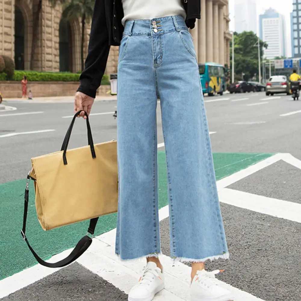 Straight Women Pants High Waist Loose Trousers Wide Leg Casual Denim Jeans Ninth TrousersT251208
