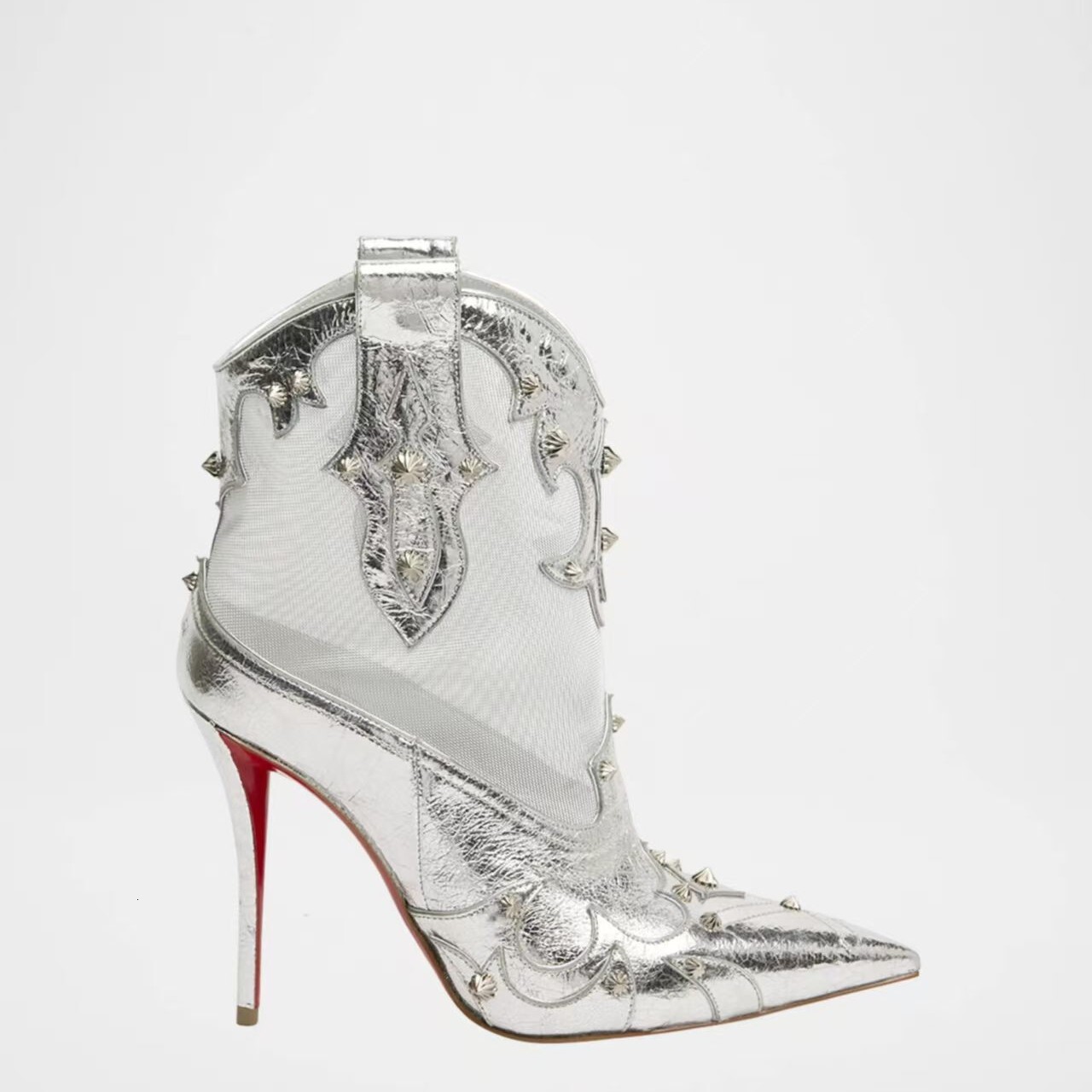 2025 New Pointed Embroidered European and American Style Rivet Mesh Short Boots with Thin Heels Fashion Boots