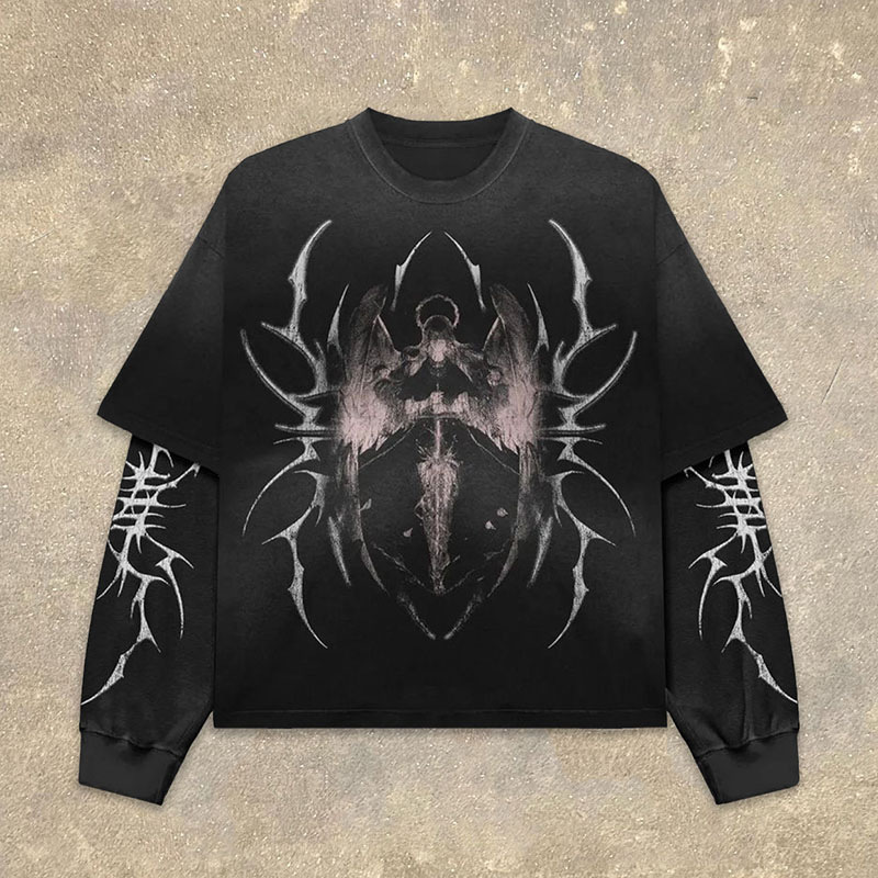 Summer printed American retro round-neck long-sleeved two-piece imitation design hip-hop Gothic sweatshirt