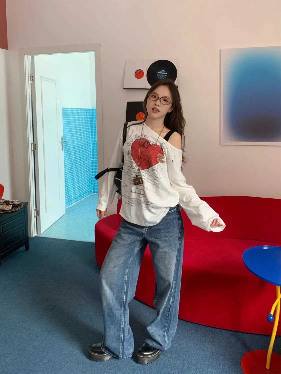 Y2K Embroidered Digital Star Jeans Women Colorful Patchwork Washed Light Blue Baggy Pants American Streetwear Wide Leg TrousersT251208