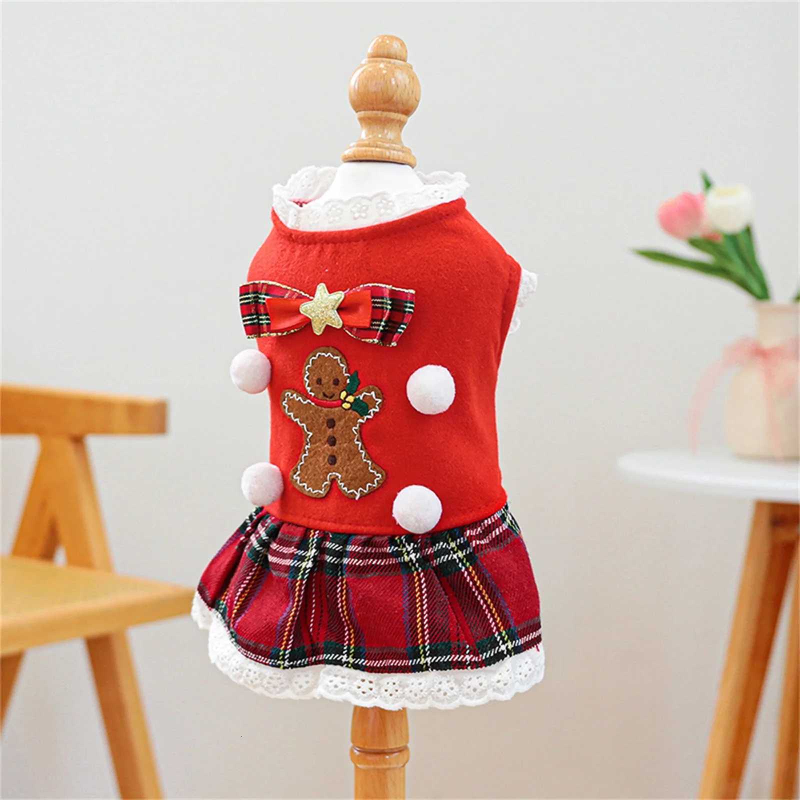 Christmas Pet Clothes Gingerbread Man Plaid Christmas Dog Dress Cat Christmas Apparel Puppy Dress Holiday Girls Dog Costume M251208