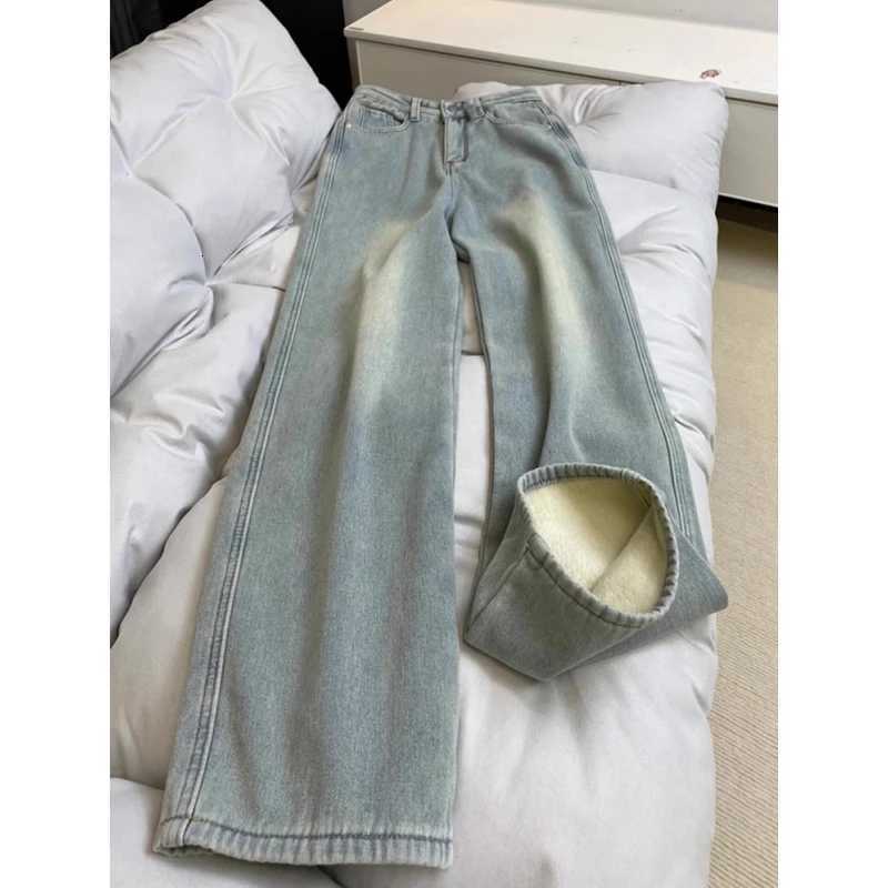Jeans For Woman Y2k Pants 2025 Latest Light Blue American High Street Winter Fleece Loose Wide Leg Straight Long Denim TrousersT251208