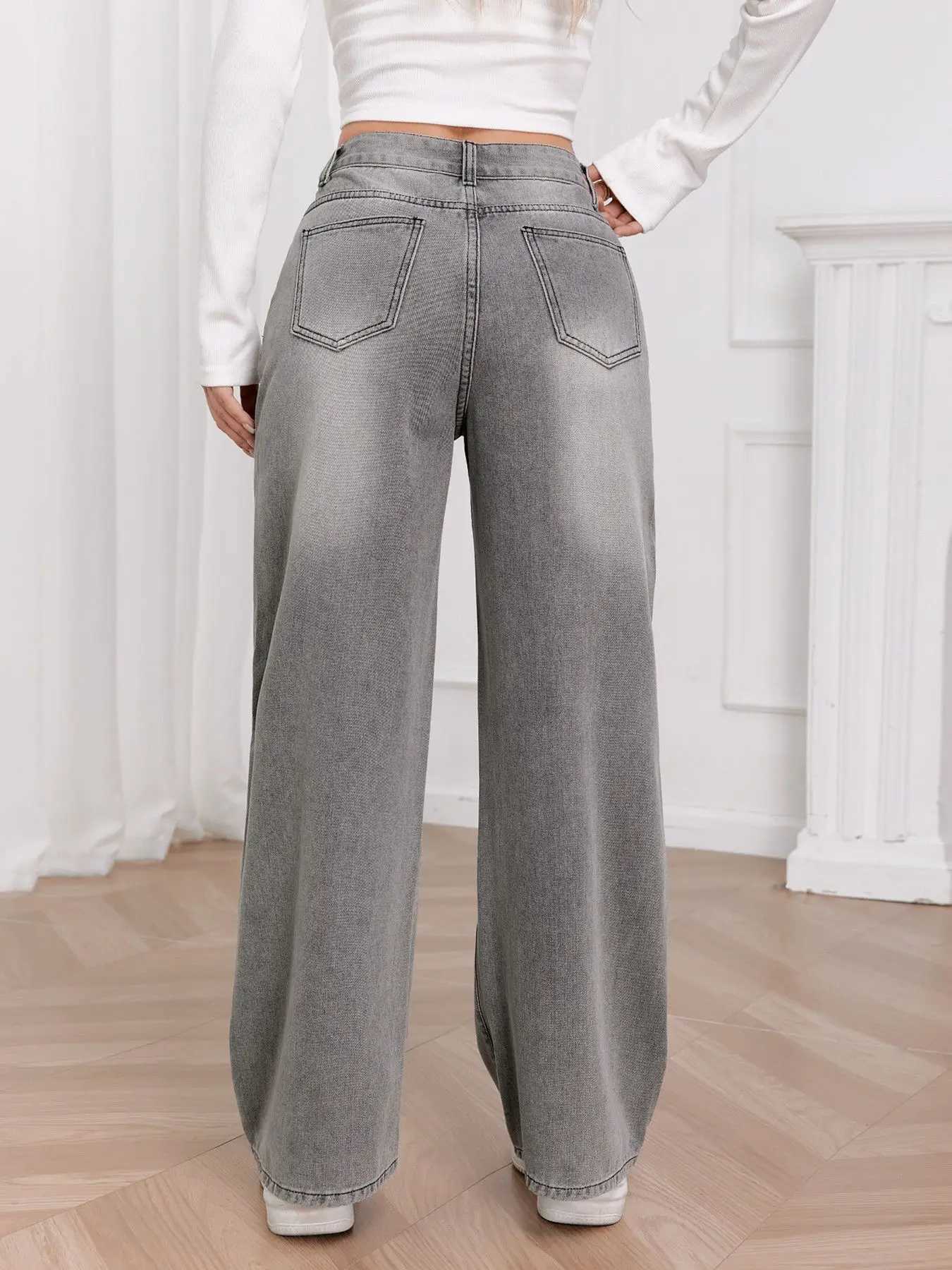 European and N Trend Washed Sky Gray Wide Leg Jeans Women Comfortable Fashion All-around Match Trend JeansT251208