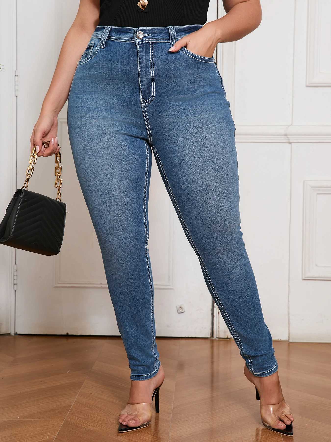 Plus Size Tummy Control Jeans for Women High Rise Stretch Skinny Denim Pants Casual Slim Fit Full Figured Ladies TrousersT251208