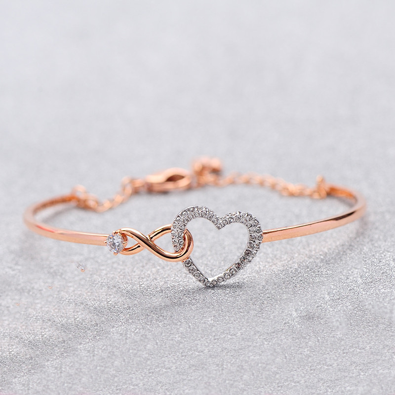 Bracelet Rose Gold Plated Crystal Accented Open Heart with Eternal Knot Design for Romantic Anniversary and Birthday Gift High Quality Texture