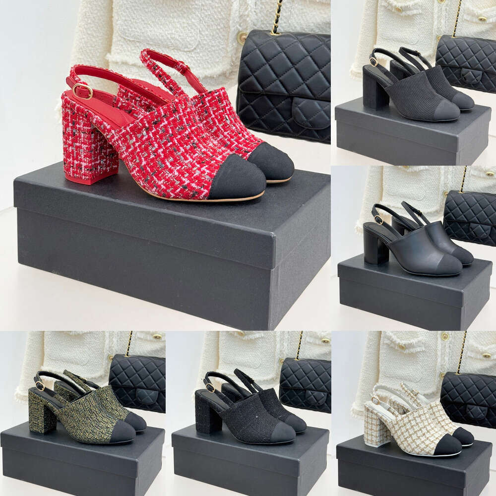 top quality loafers Real leather Tweed slingback Sandals pumps Chunk block heels Square toes Office dress Designer Shoe woman party Wedding shoes Red black