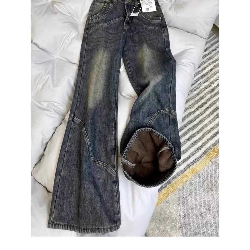 Y2k Pants Jeans for Woman Wide Leg Distressed Denim High Waist Trousers 2025 Winter Vintage Light Blue Comfort Fit RetroT251208