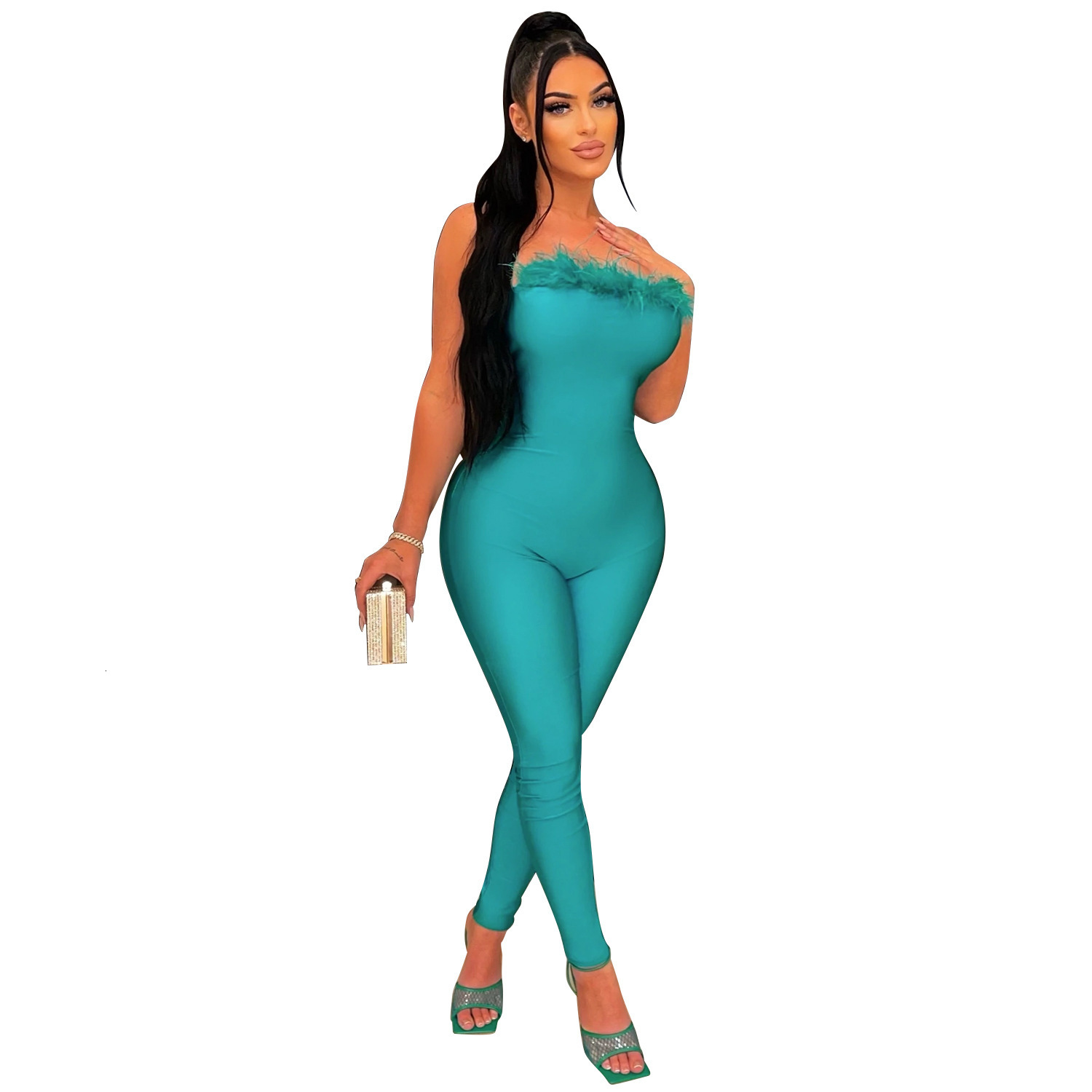 Velvet Feather Jumpsuits Elegant Outfit Bodycon Winter Clothes Long Sleeve One Piece Women Club Jumpsuit Bodysuit 241224