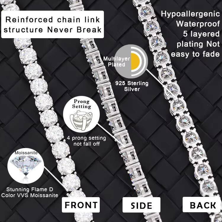 Pass Diamond Tester 925 Sterling Silver 2mm-65mm VVS Mossanite Diamond Tennis Chain/Bracelet High Quality Iced Out Tennis Chain