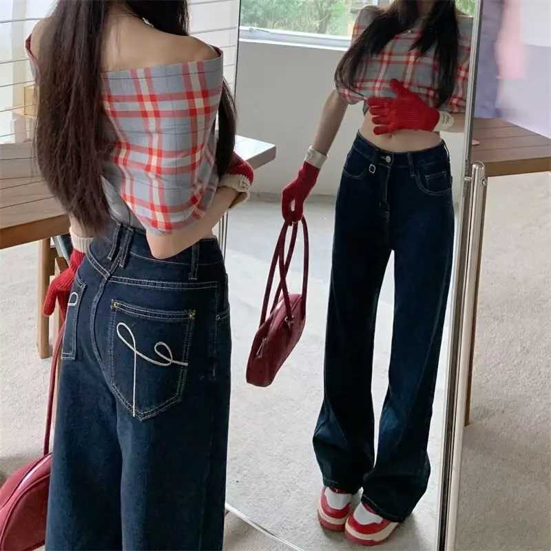Embroidery Retro High Waist Straight Leg Jeans Womens Loose Casual Wide Leg Pants Floor-Length Trousers Autumn CollectionT251208