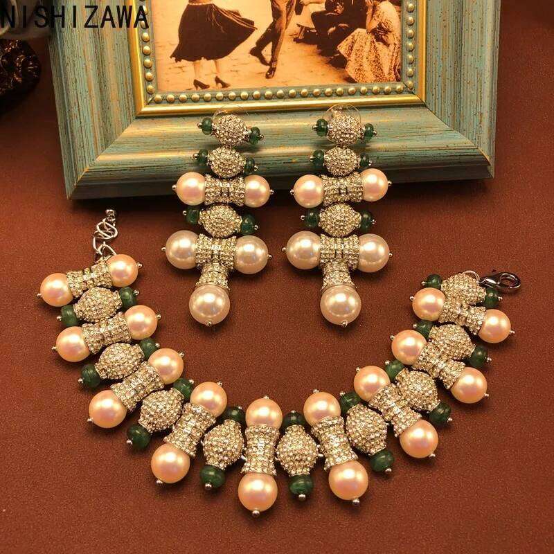 NISHIZAWA Pearls Earrings For Women Inlaid Rhinestones Palace Style Vintage Jewelry Luxury Hyperbole Elegant Aretes De Mujer