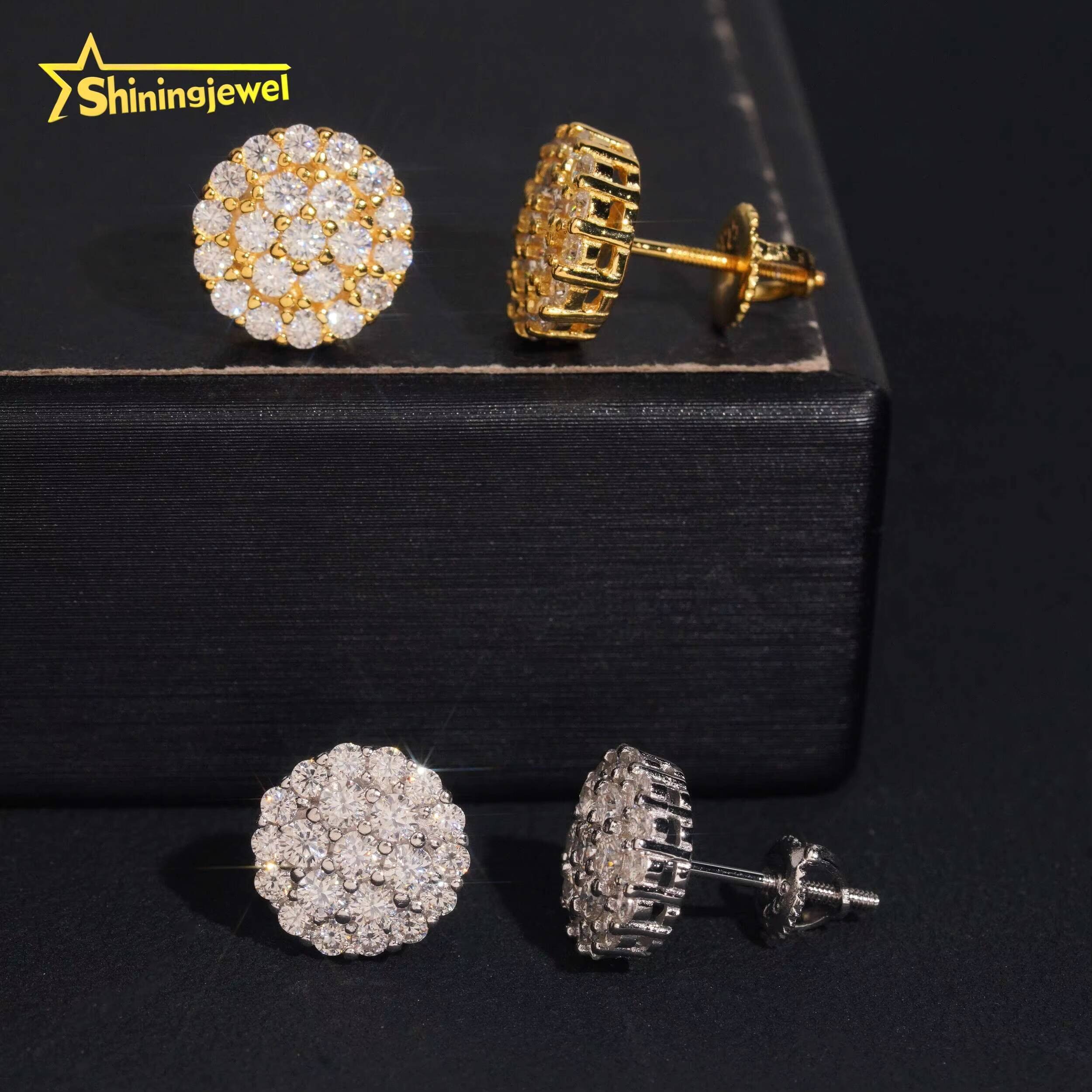 Pass Diamond Tester Round Diamond 925 Silver Cluster 105mm Iced Out VVS Moissanite Jewelry Hip Hop Stud Earrings USA Shipping