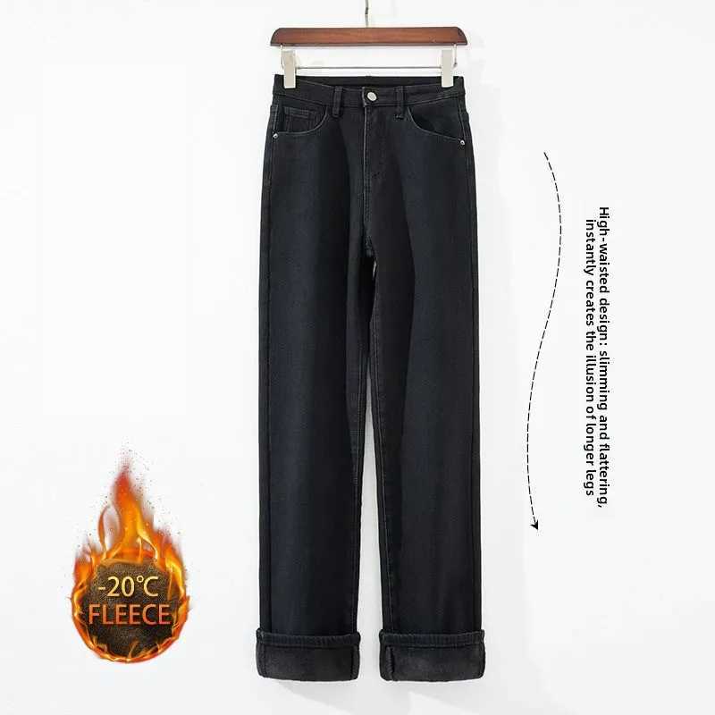 Autumn Winter Womens Y2K Wide Leg Thicken High Waist Jeans Denim Thermal Fleece Lined Warm Jeans Casual Korean Style TrousersT251208