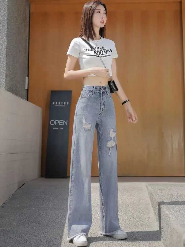 Tall Loose Wide-leg Light-colored Ripped Jeans for Women in Summer New Drooping High-waisted Slimming Floor PantsT251208