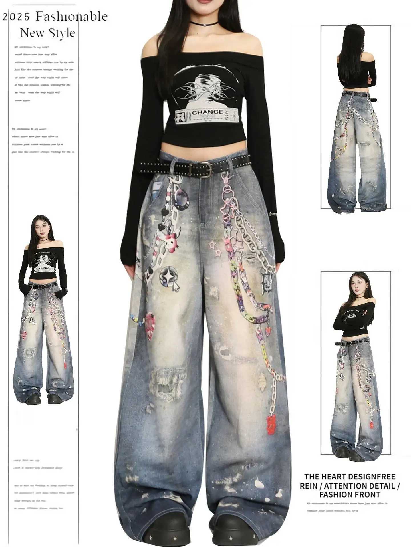2025 Fashion Y2K Baggy Pants Womens Cartoon Embroidery Loose Wide Leg Jeans Streetwear Aesthetic Casual TrousersT251208