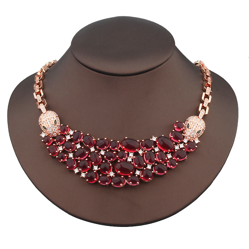 Exaggerated Double-Headed Snake Bracelet Full Inlaid With Imitation Ruby Pomegranate Style Bracelet Necklace For Women Socialite Domineering Jewelry 2