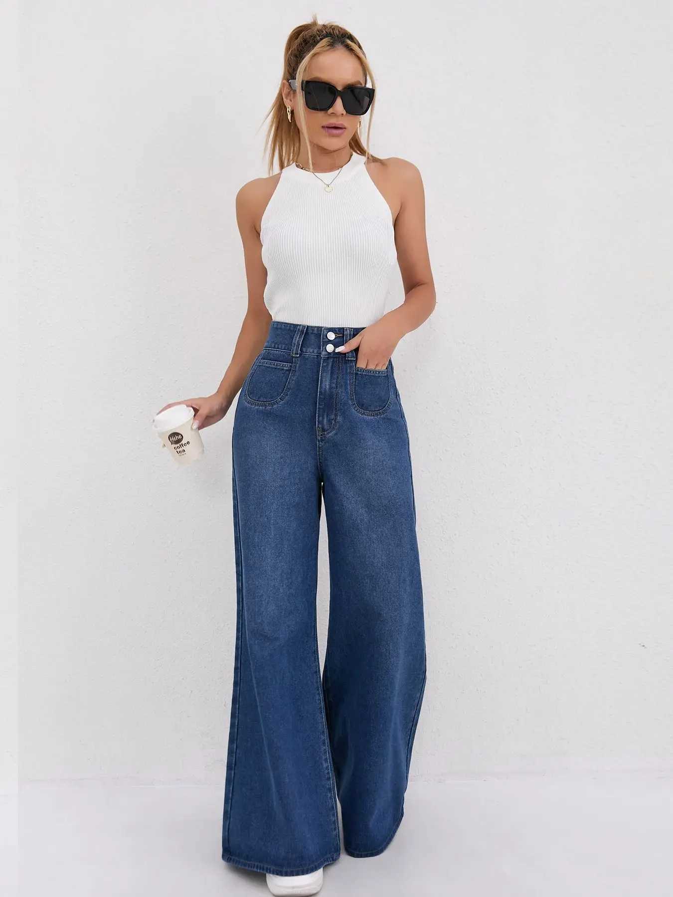 Autumn and Winter Trend High-waisted Double-button Solid Color Loose Wide-leg Jeans with A Flowing Look Versatile for WomensT251208